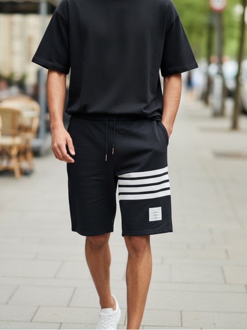 Thom Browne Men's Navy Four Bar Sweat shorts.